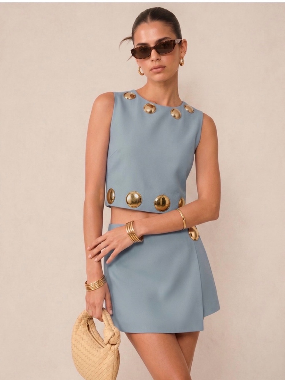Commense Light Blue Mini Skirt with Gold Disc Accents